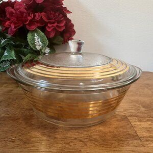 Vintage Inland Glass Casserole Dish with Lid Gold Stripe Design 1950s Oven Table